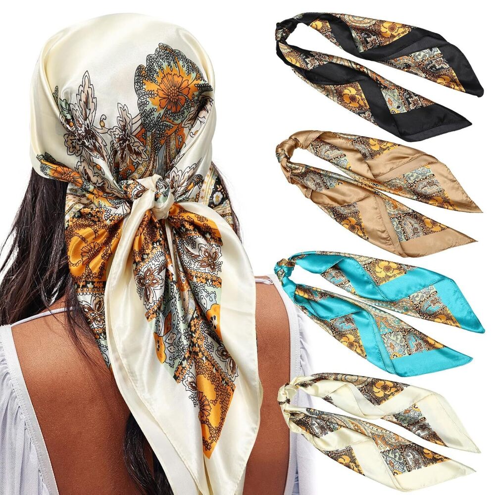 Satin Large Square Head Scarves - 4PCS Silk Like Neck Scarf Lightweight